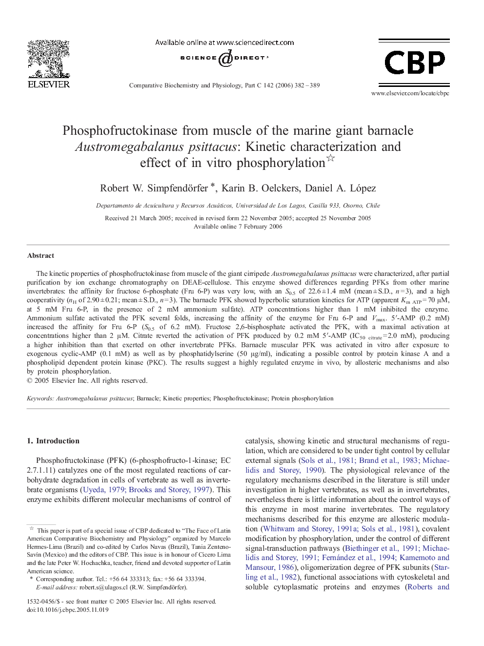 Phosphofructokinase from muscle of the marine giant barnacle Austromegabalanus psittacus: Kinetic characterization and effect of in vitro phosphorylation 