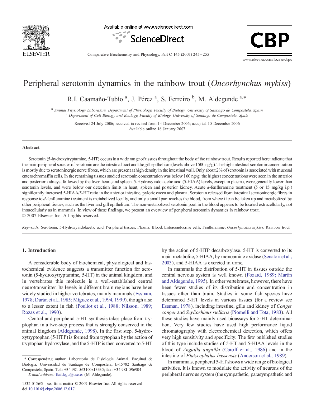 Peripheral serotonin dynamics in the rainbow trout (Oncorhynchus mykiss)