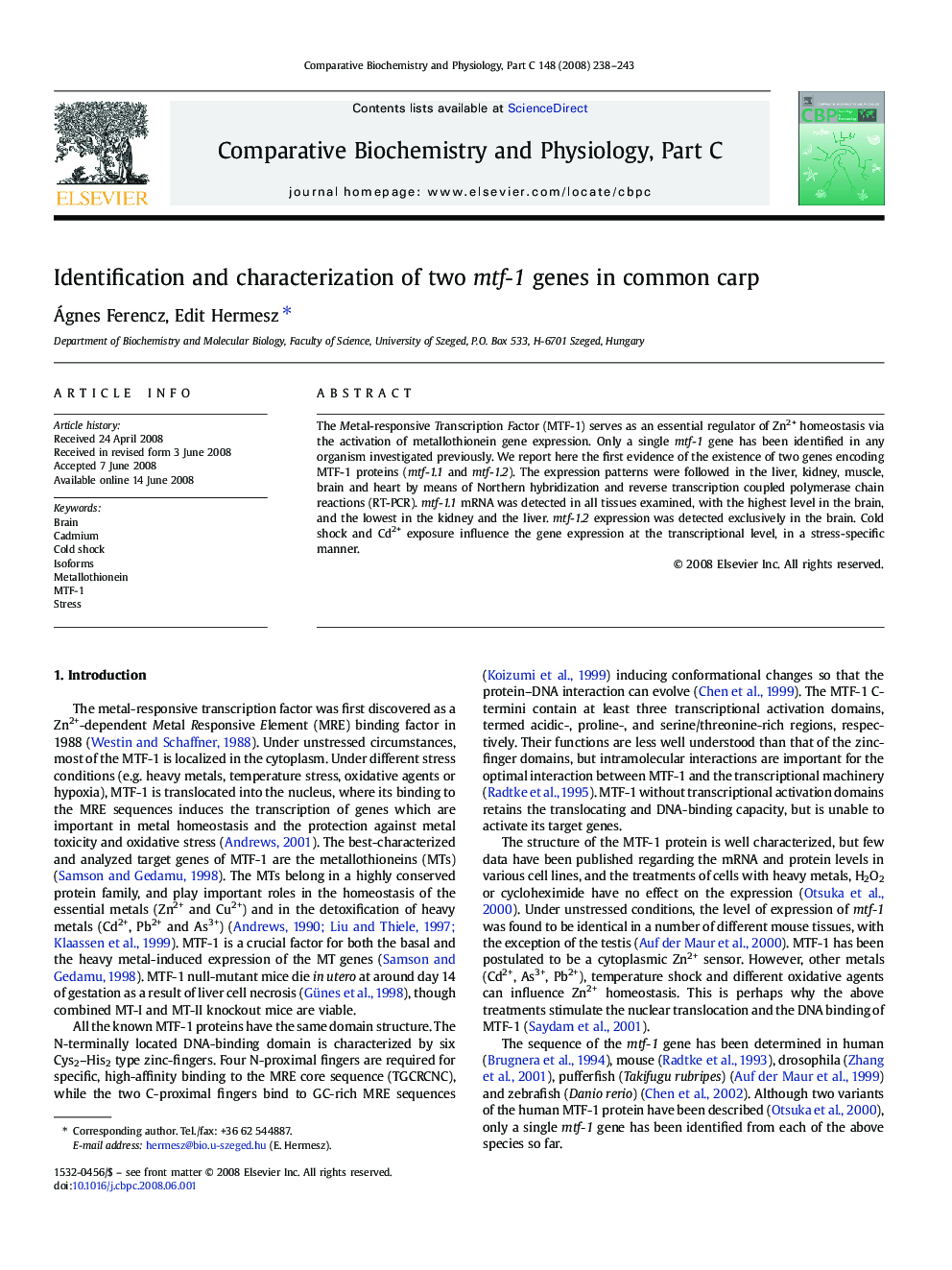 Identification and characterization of two mtf-1 genes in common carp