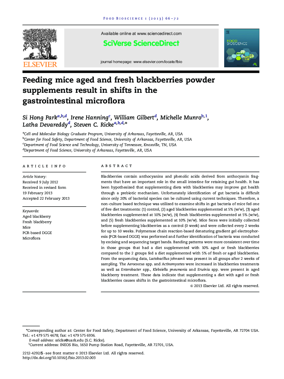 Feeding mice aged and fresh blackberries powder supplements result in shifts in the gastrointestinal microflora