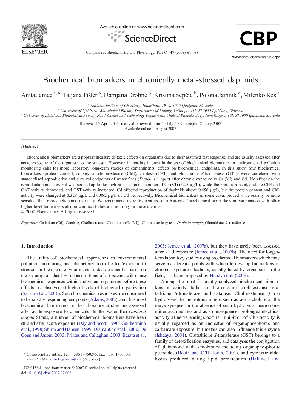 Biochemical biomarkers in chronically metal-stressed daphnids