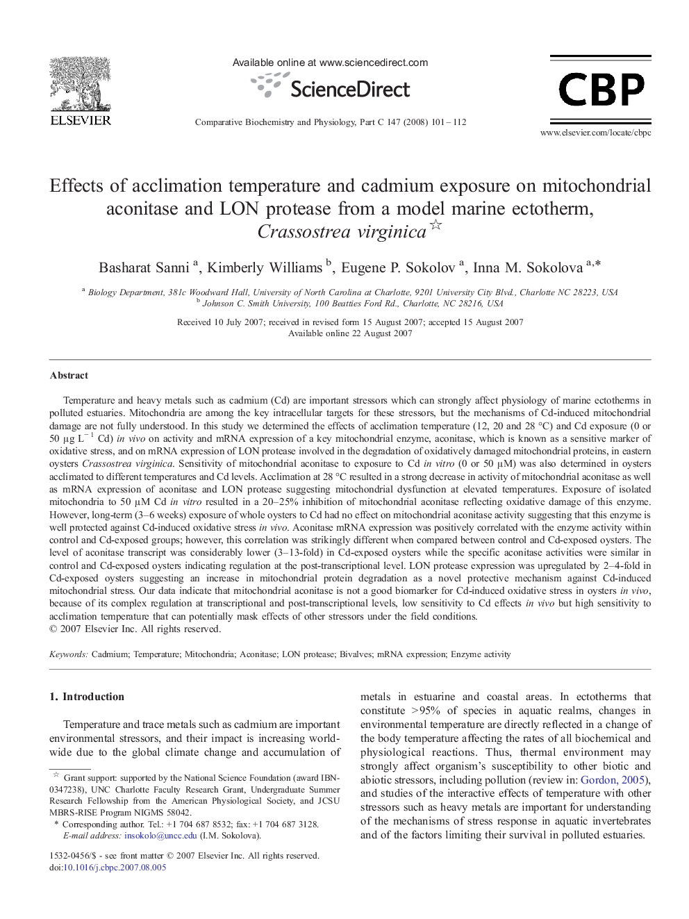 Effects of acclimation temperature and cadmium exposure on mitochondrial aconitase and LON protease from a model marine ectotherm, Crassostrea virginica 