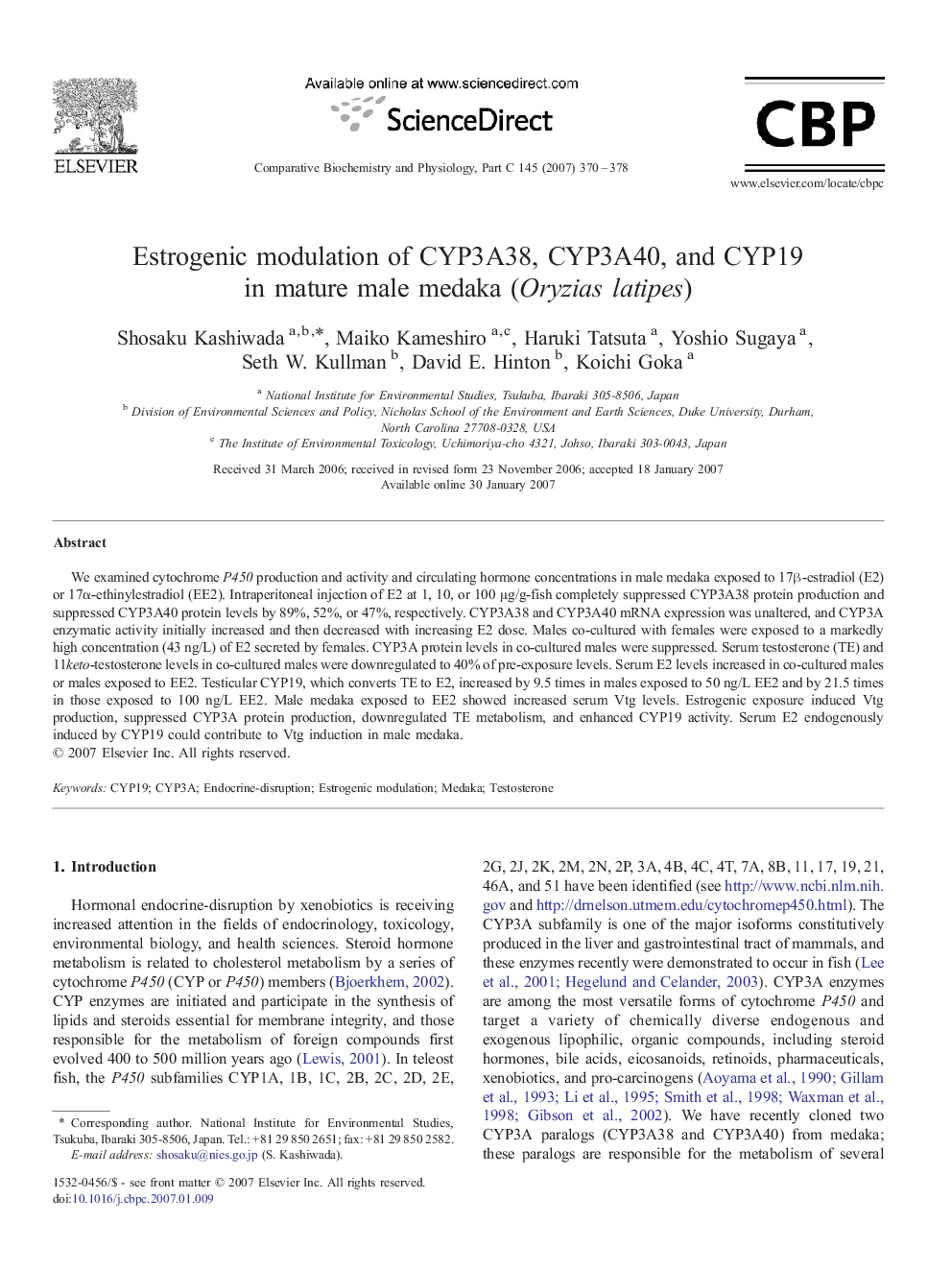 Estrogenic modulation of CYP3A38, CYP3A40, and CYP19 in mature male medaka (Oryzias latipes)