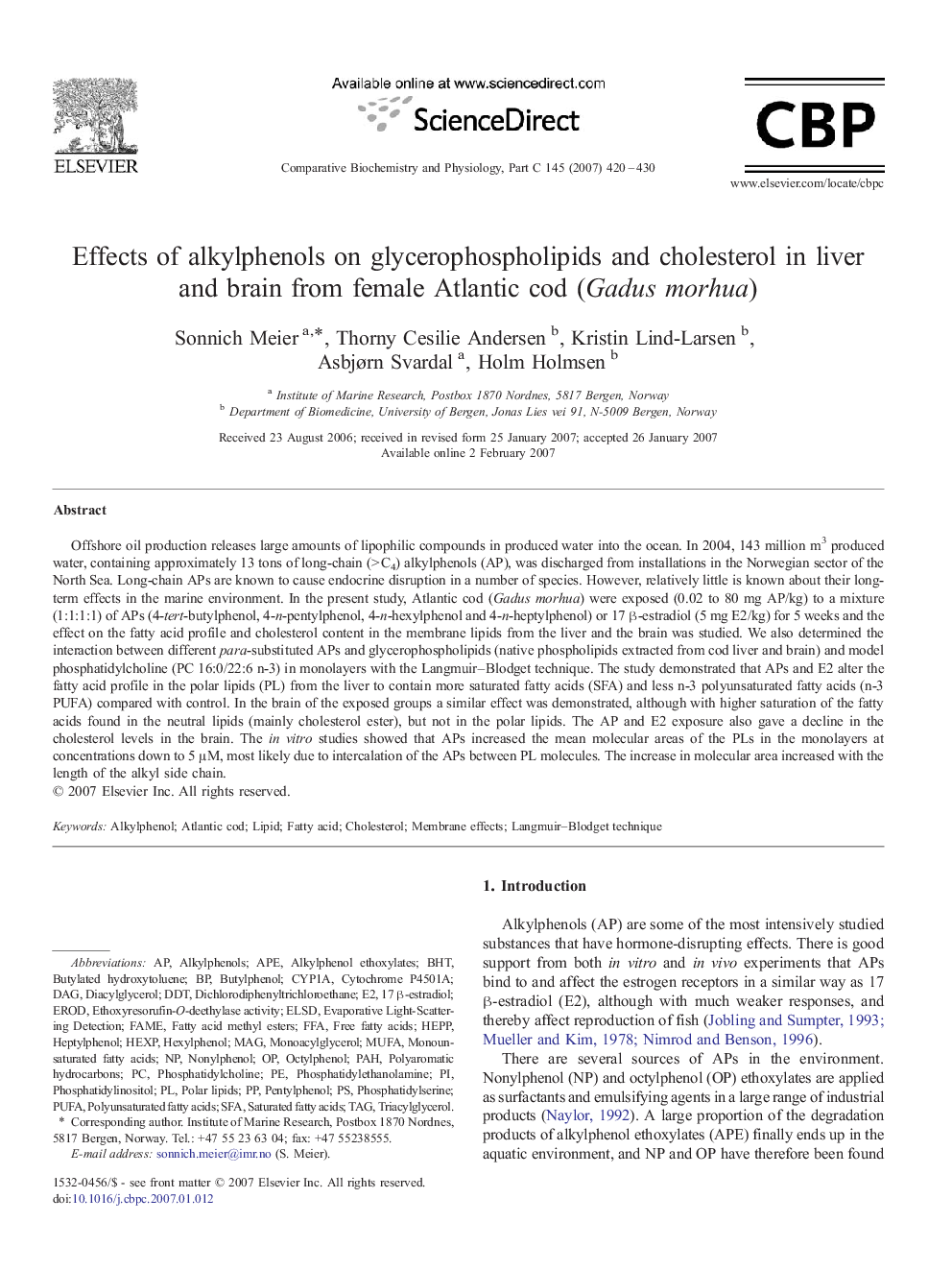 Effects of alkylphenols on glycerophospholipids and cholesterol in liver and brain from female Atlantic cod (Gadus morhua)