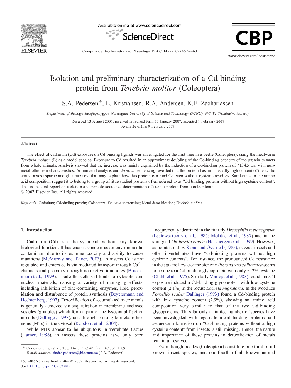 Isolation and preliminary characterization of a Cd-binding protein from Tenebrio molitor (Coleoptera)