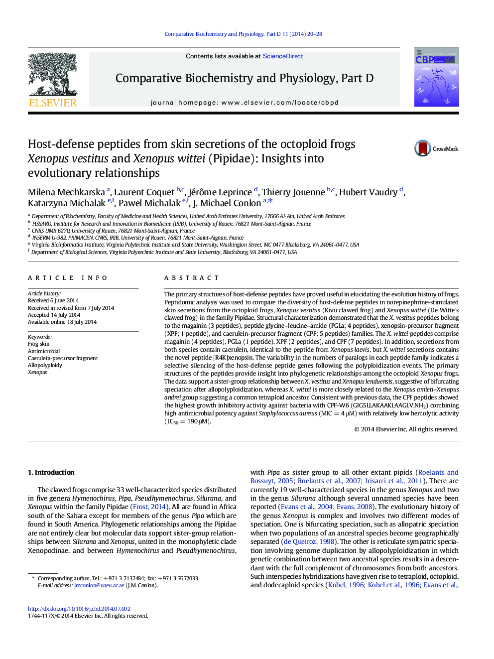 Host-defense peptides from skin secretions of the octoploid frogs Xenopus vestitus and Xenopus wittei (Pipidae): Insights into evolutionary relationships