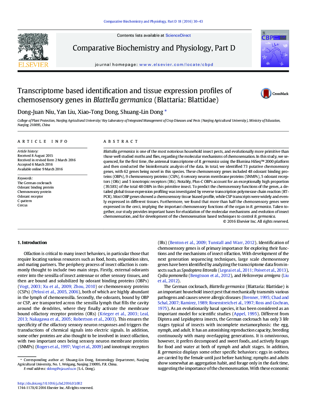 Transcriptome based identification and tissue expression profiles of chemosensory genes in Blattella germanica (Blattaria: Blattidae)