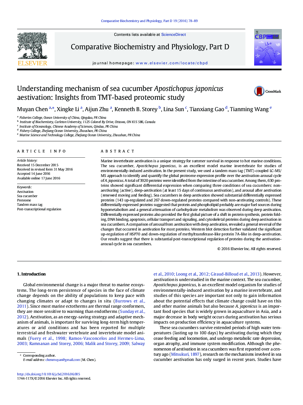 Understanding mechanism of sea cucumber Apostichopus japonicus aestivation: Insights from TMT-based proteomic study