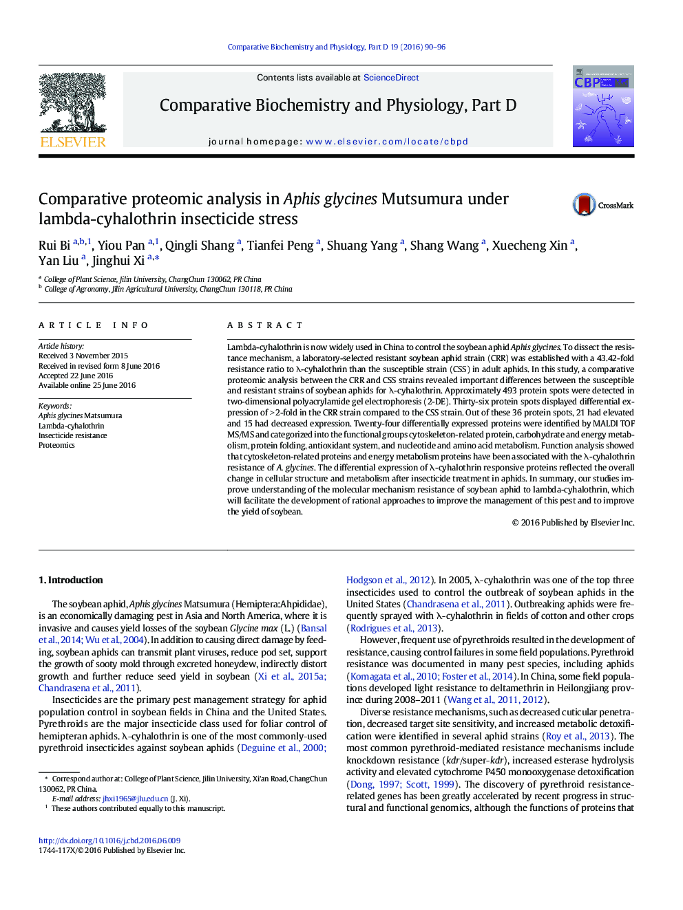 Comparative proteomic analysis in Aphis glycines Mutsumura under lambda-cyhalothrin insecticide stress