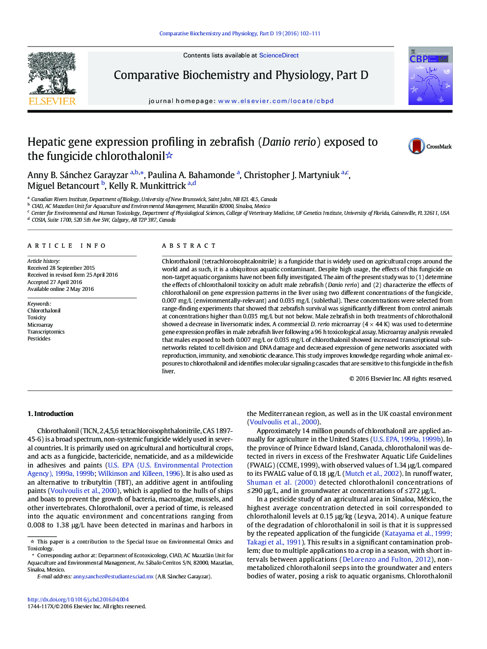 Hepatic gene expression profiling in zebrafish (Danio rerio) exposed to the fungicide chlorothalonil 