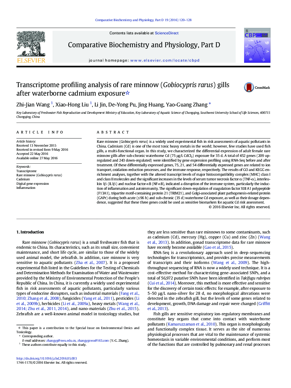 Transcriptome profiling analysis of rare minnow (Gobiocypris rarus) gills after waterborne cadmium exposure 