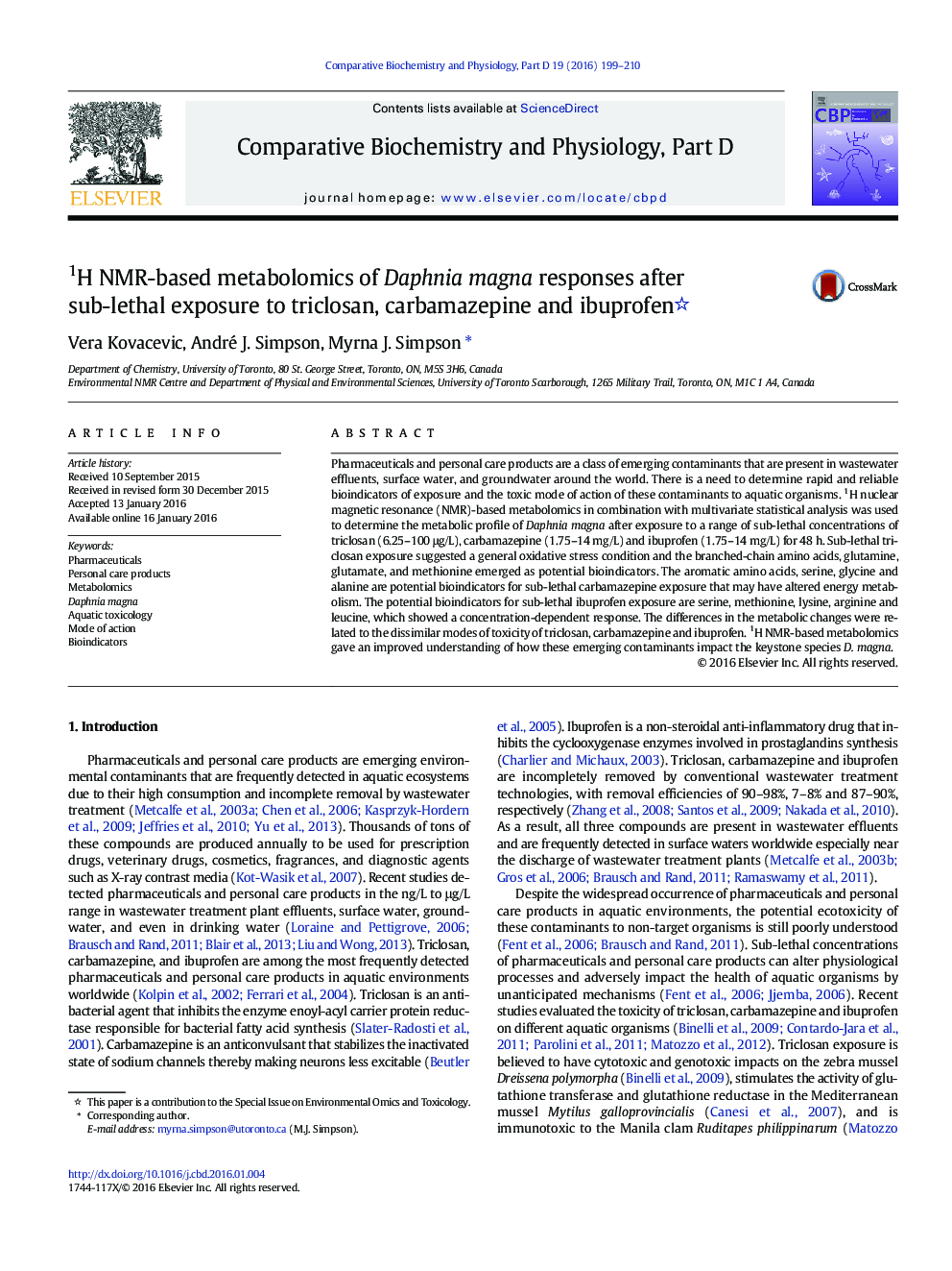 1H NMR-based metabolomics of Daphnia magna responses after sub-lethal exposure to triclosan, carbamazepine and ibuprofen 