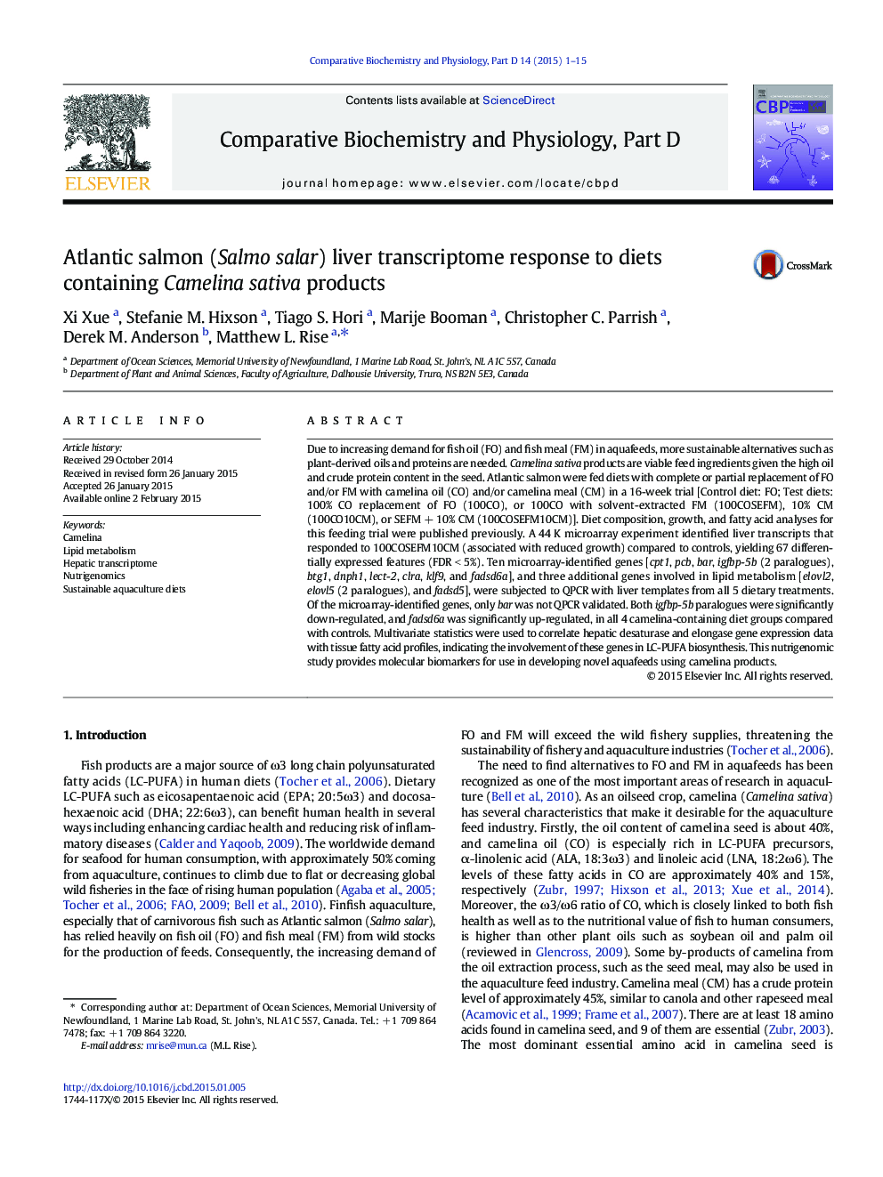 Atlantic salmon (Salmo salar) liver transcriptome response to diets containing Camelina sativa products