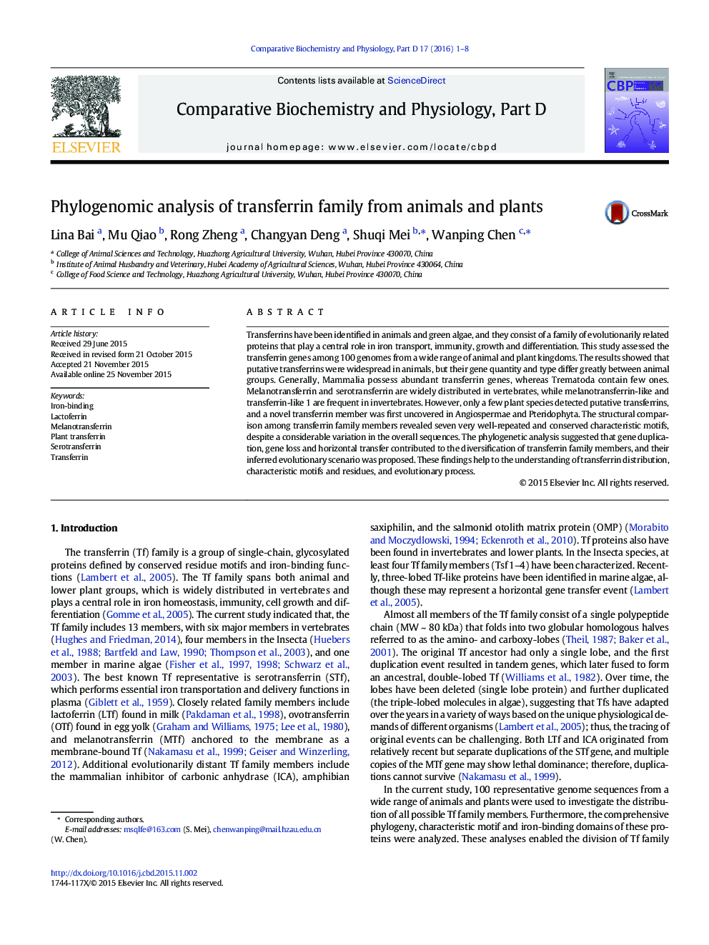 Phylogenomic analysis of transferrin family from animals and plants