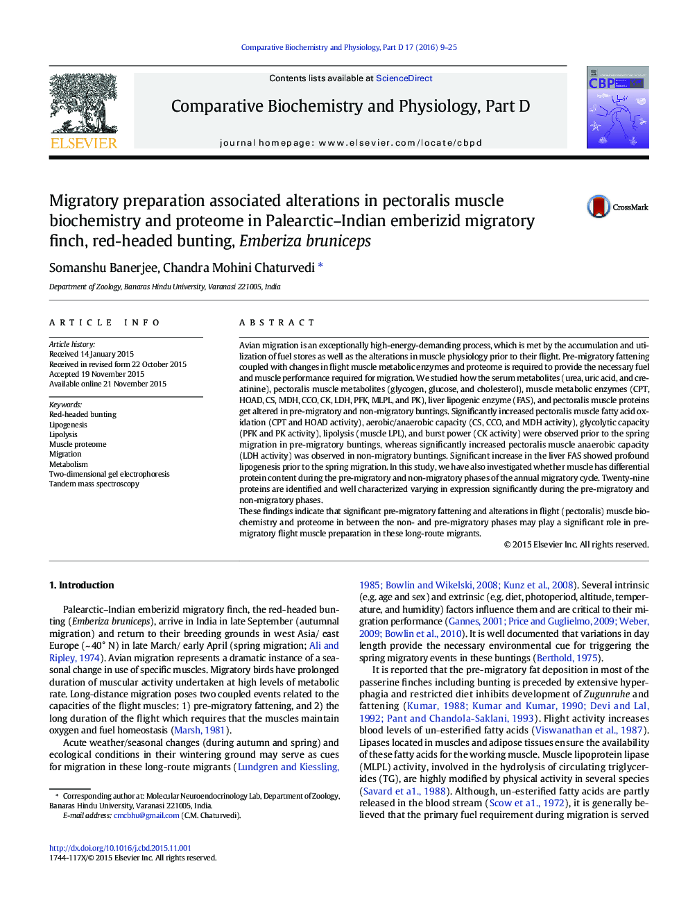 Migratory preparation associated alterations in pectoralis muscle biochemistry and proteome in Palearctic-Indian emberizid migratory finch, red-headed bunting, Emberiza bruniceps