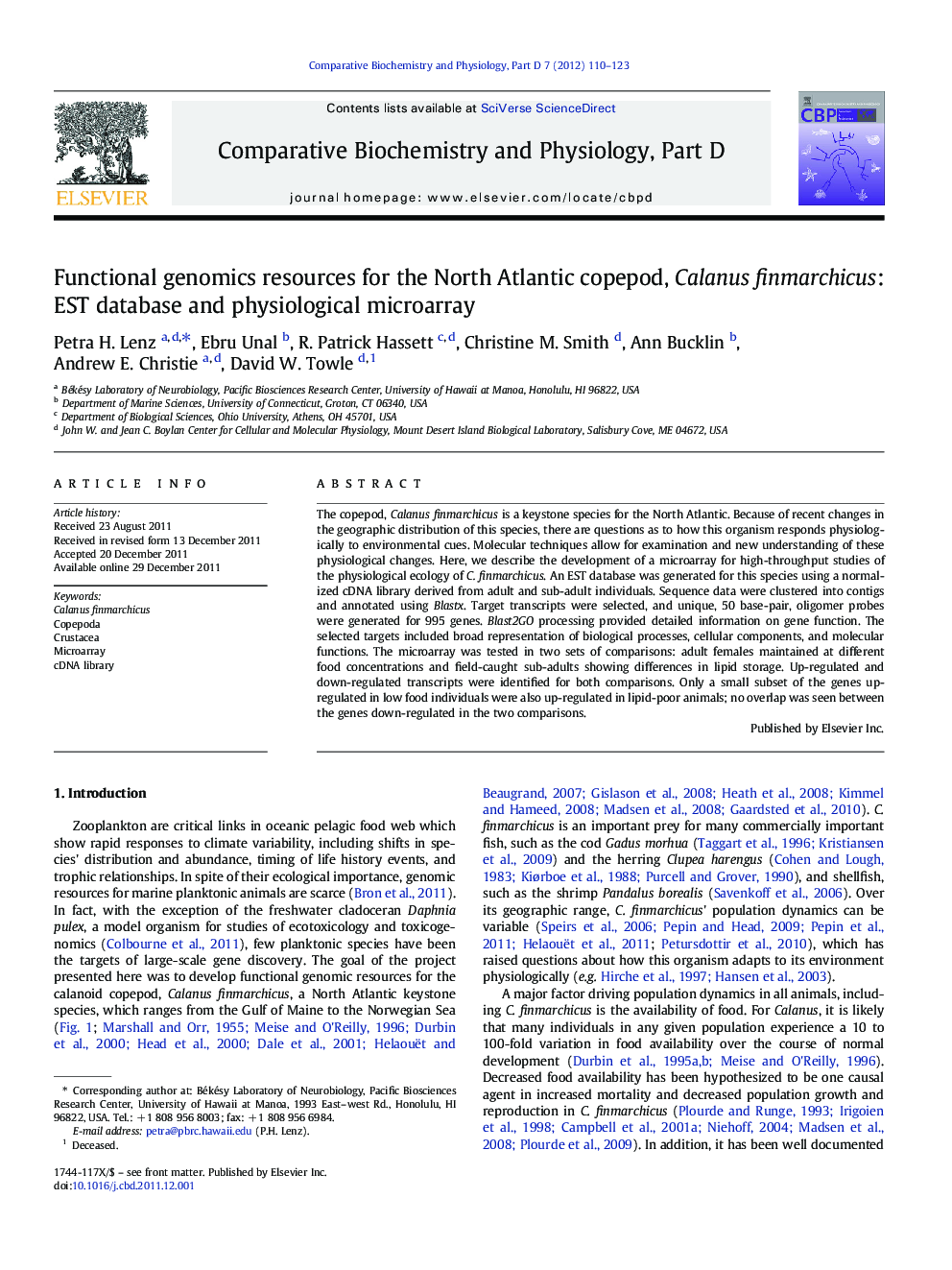 Functional genomics resources for the North Atlantic copepod, Calanus finmarchicus: EST database and physiological microarray