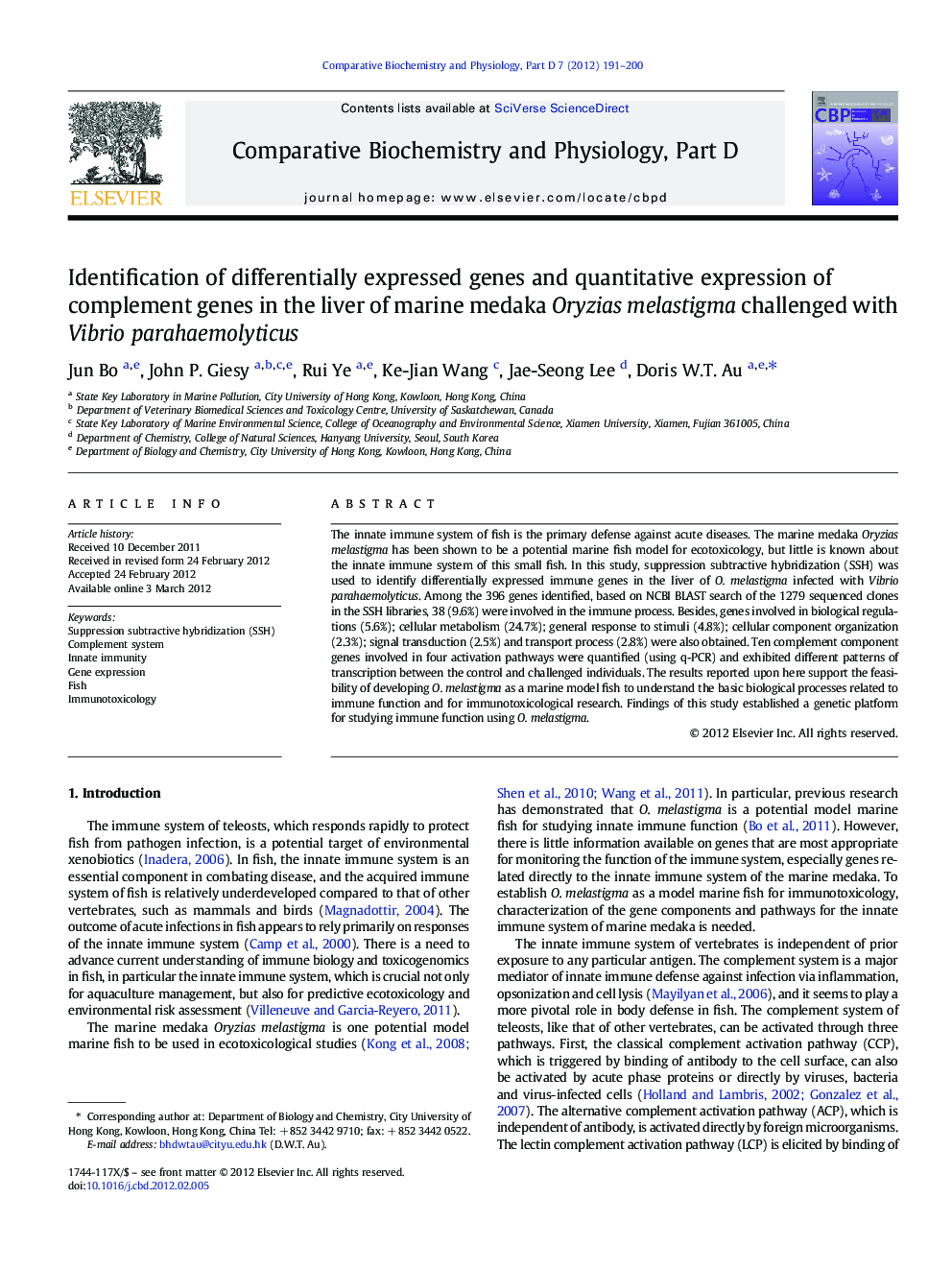 Identification of differentially expressed genes and quantitative expression of complement genes in the liver of marine medaka Oryzias melastigma challenged with Vibrio parahaemolyticus