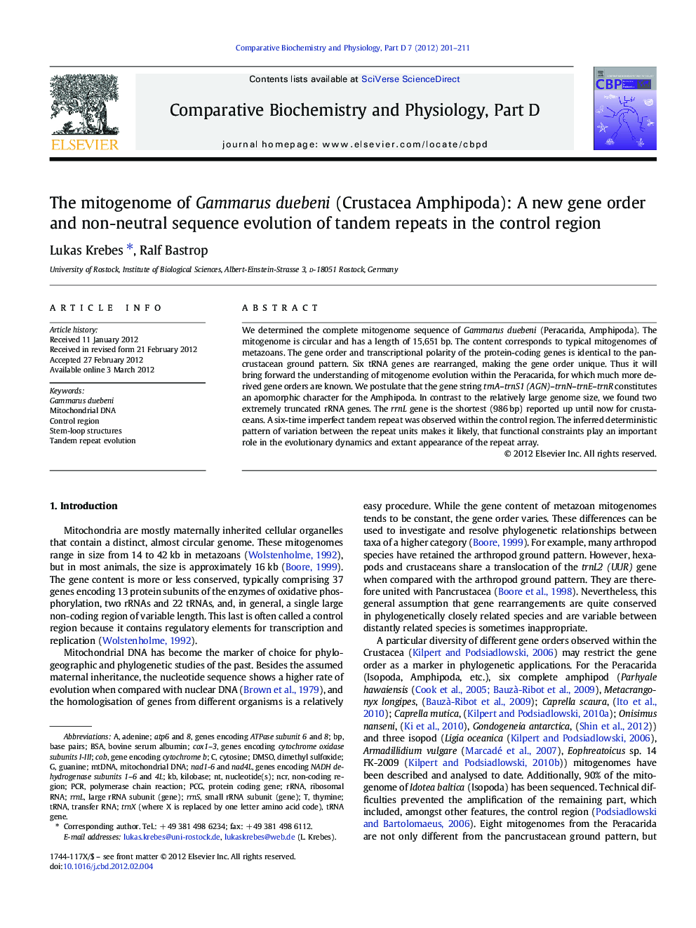 The mitogenome of Gammarus duebeni (Crustacea Amphipoda): A new gene order and non-neutral sequence evolution of tandem repeats in the control region