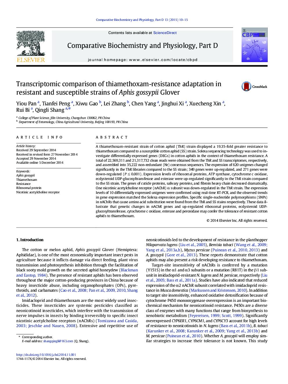 Transcriptomic comparison of thiamethoxam-resistance adaptation in resistant and susceptible strains of Aphis gossypii Glover