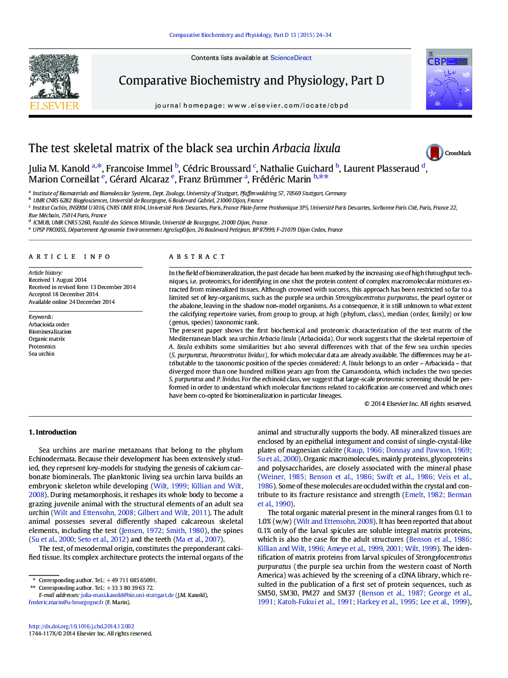 The test skeletal matrix of the black sea urchin Arbacia lixula