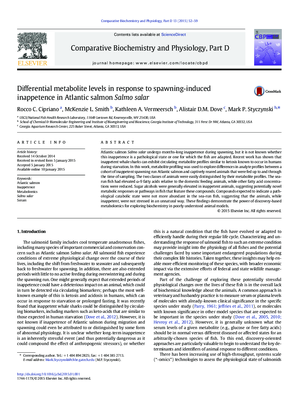 Differential metabolite levels in response to spawning-induced inappetence in Atlantic salmon Salmo salar