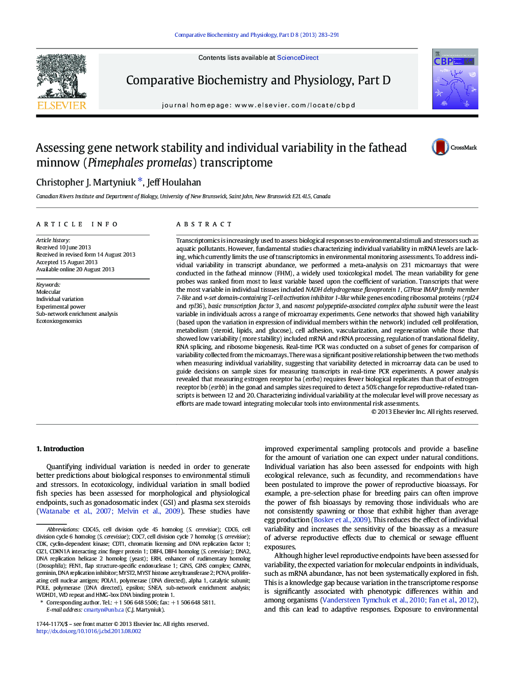 Assessing gene network stability and individual variability in the fathead minnow (Pimephales promelas) transcriptome