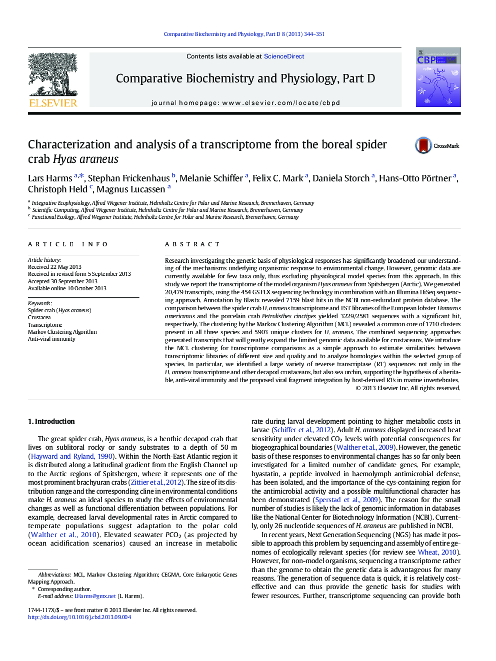 Characterization and analysis of a transcriptome from the boreal spider crab Hyas araneus