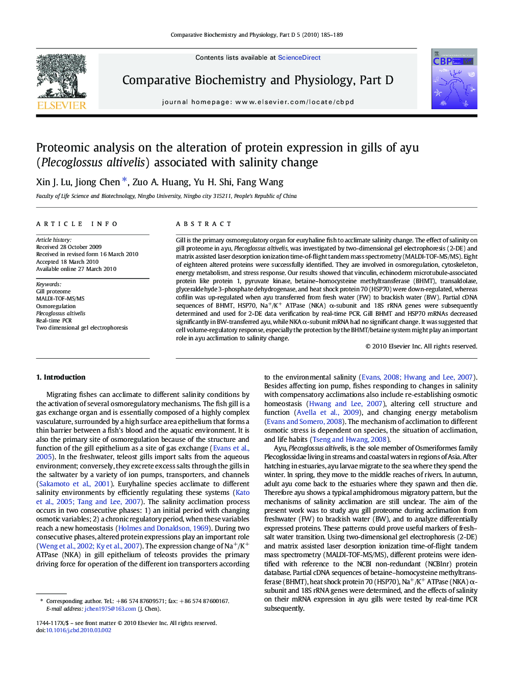 Proteomic analysis on the alteration of protein expression in gills of ayu (Plecoglossus altivelis) associated with salinity change