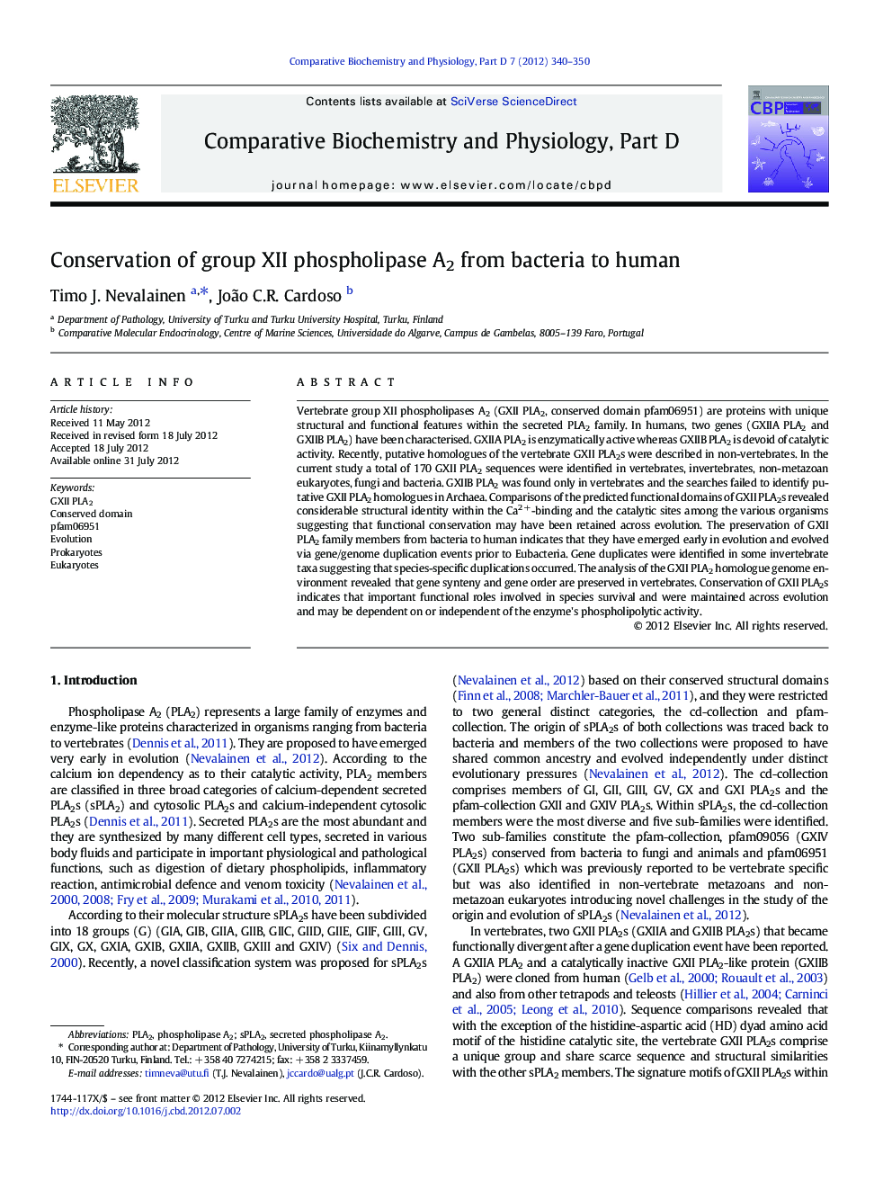 Conservation of group XII phospholipase A2 from bacteria to human