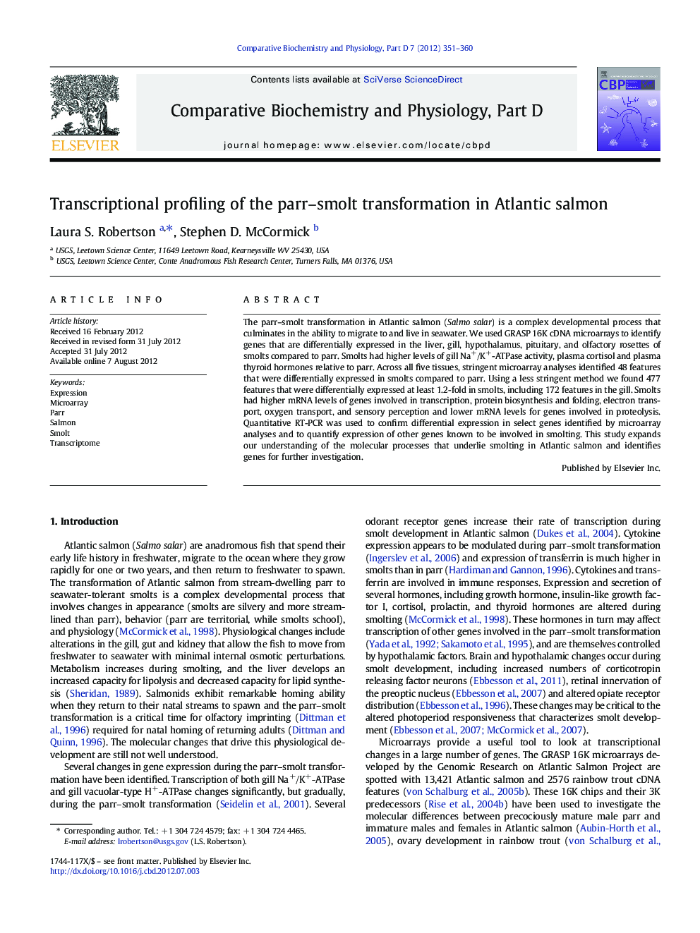 Transcriptional profiling of the parr–smolt transformation in Atlantic salmon