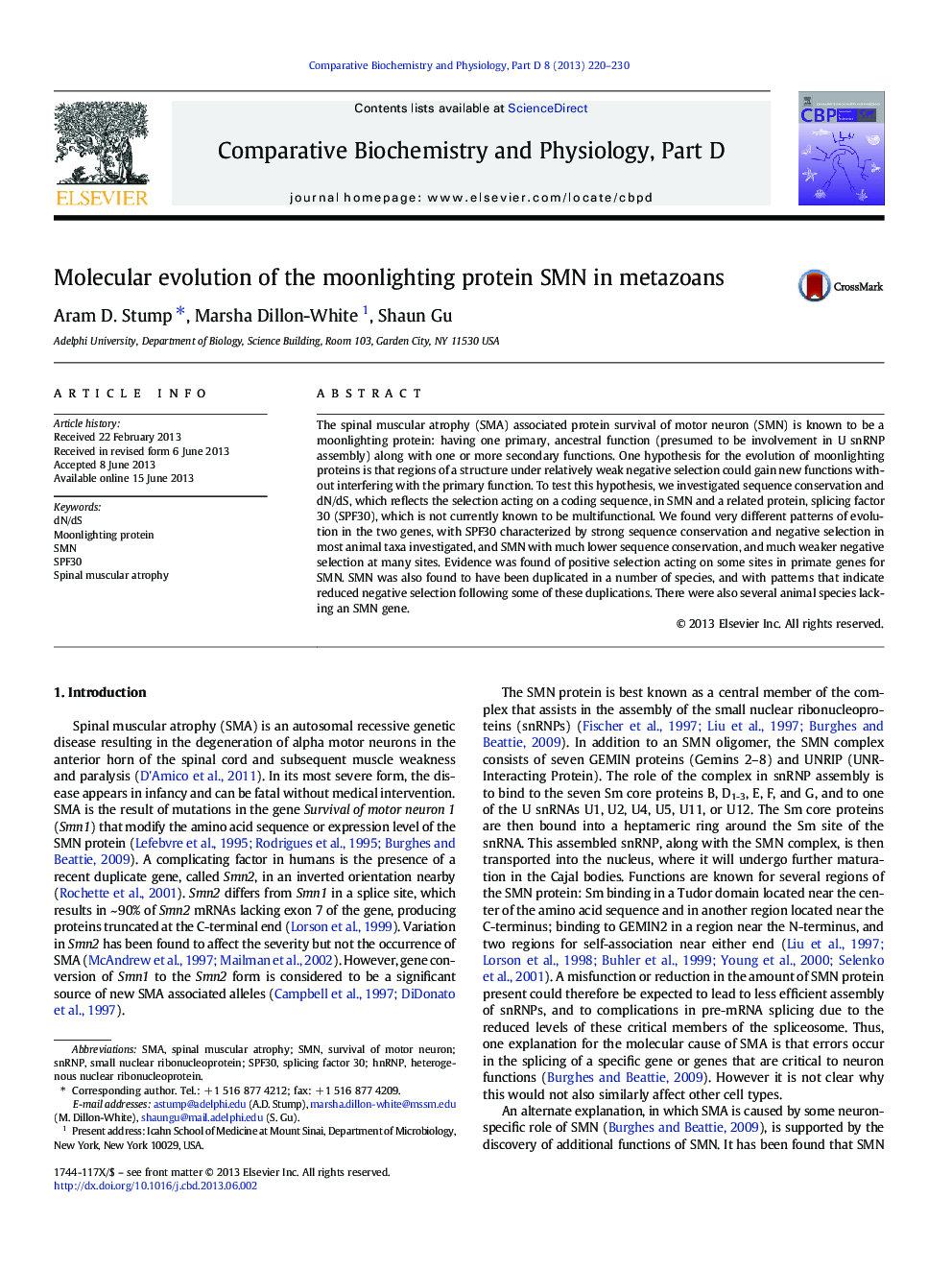 Molecular evolution of the moonlighting protein SMN in metazoans