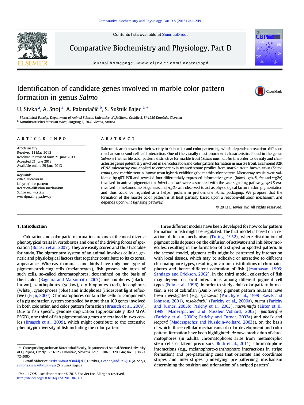 Identification of candidate genes involved in marble color pattern formation in genus Salmo
