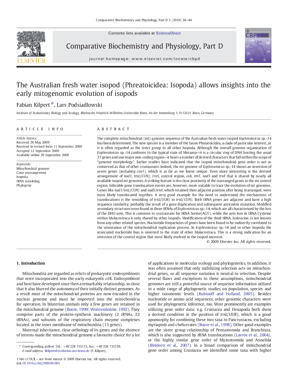 The Australian fresh water isopod (Phreatoicidea: Isopoda) allows insights into the early mitogenomic evolution of isopods