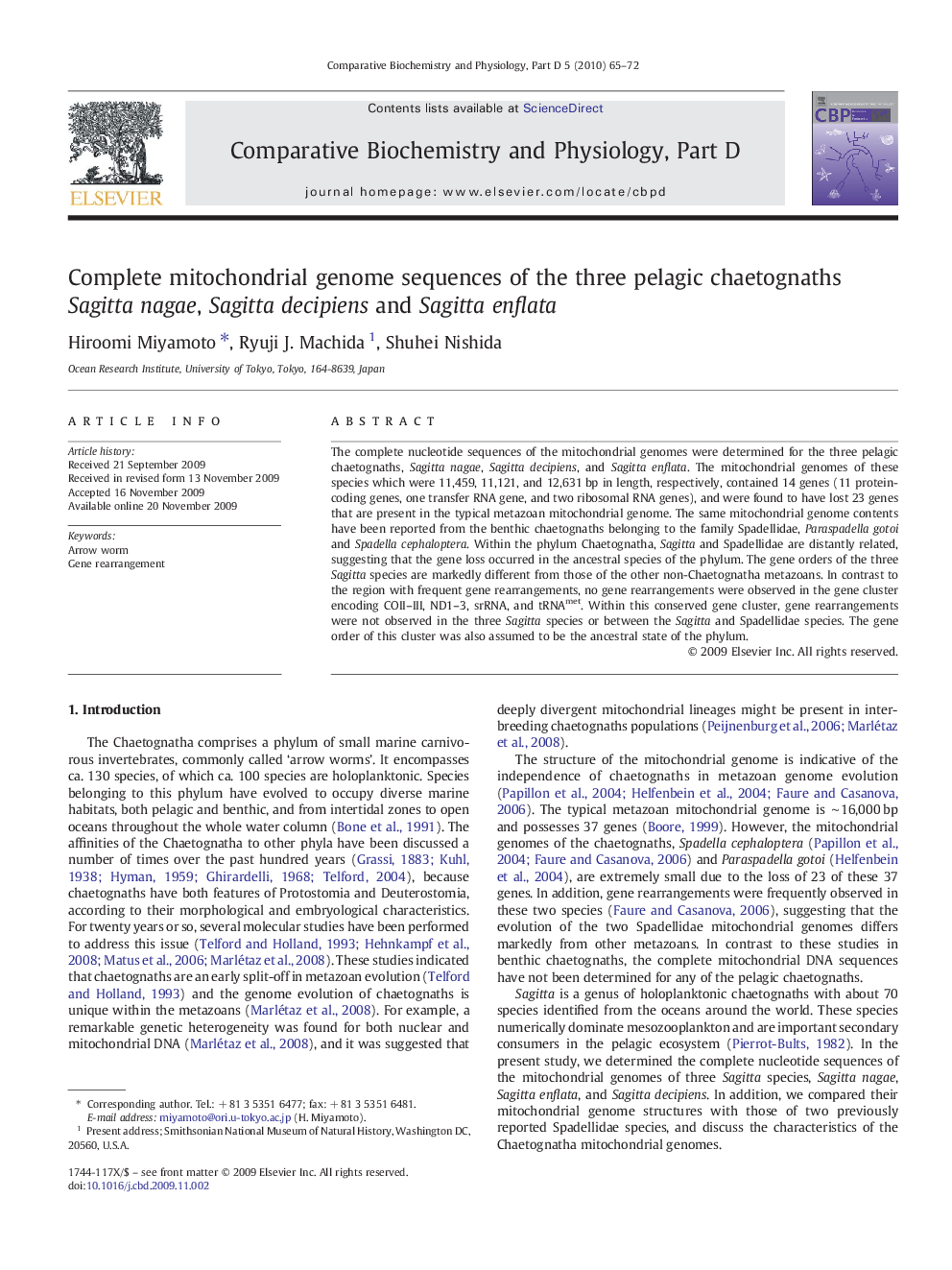 Complete mitochondrial genome sequences of the three pelagic chaetognaths Sagitta nagae, Sagitta decipiens and Sagitta enflata