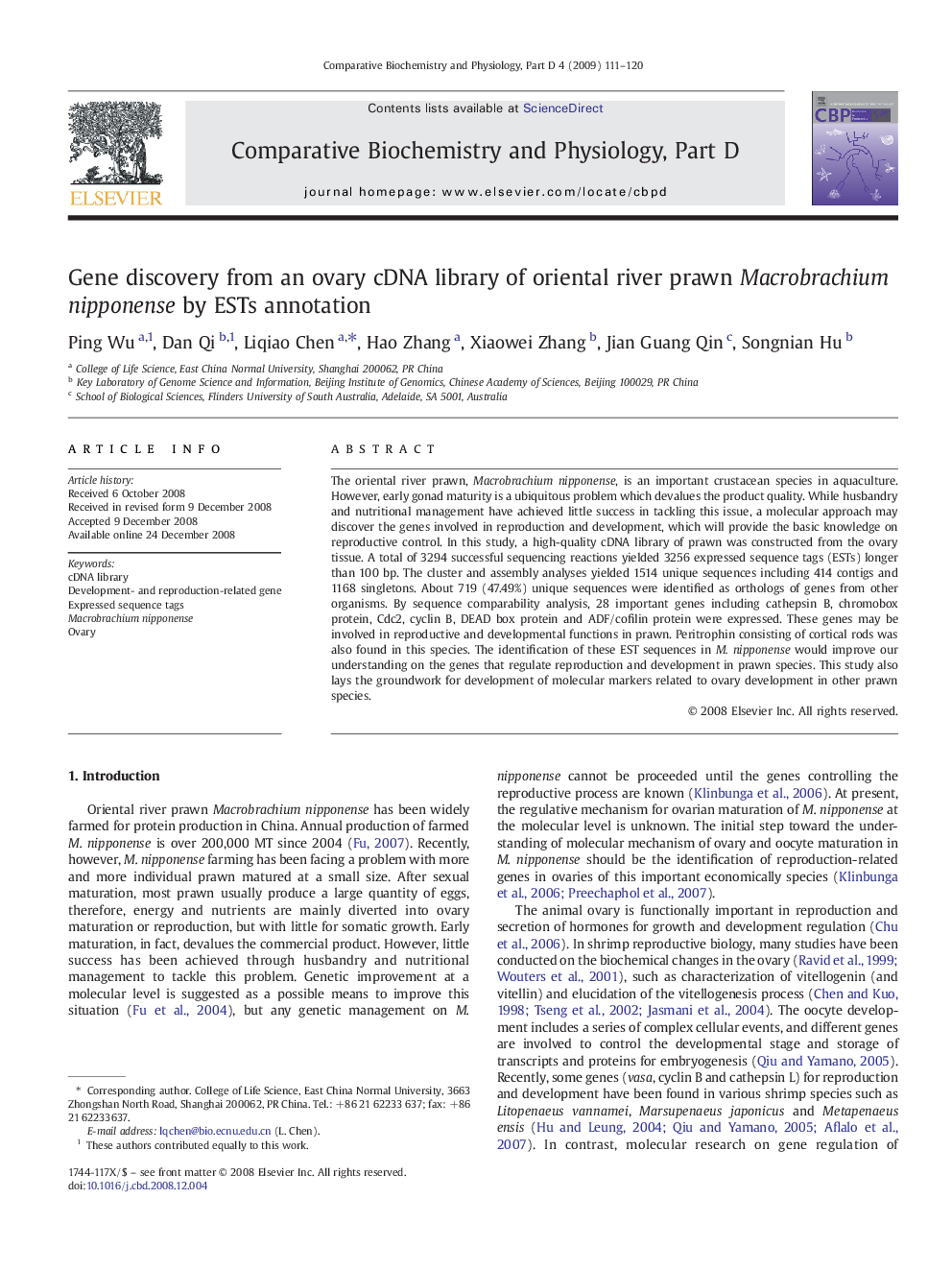 Gene discovery from an ovary cDNA library of oriental river prawn Macrobrachium nipponense by ESTs annotation