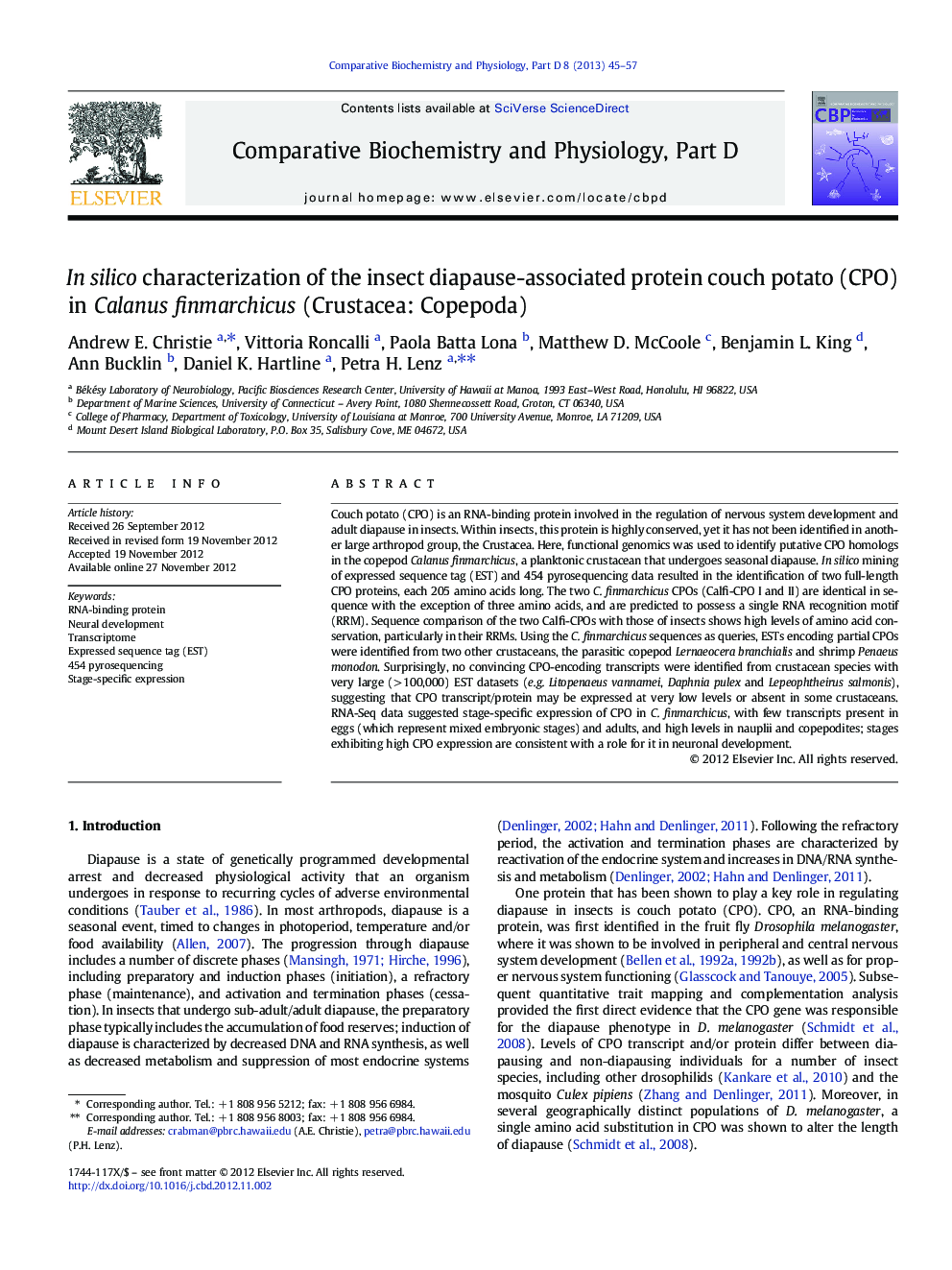 In silico characterization of the insect diapause-associated protein couch potato (CPO) in Calanus finmarchicus (Crustacea: Copepoda)