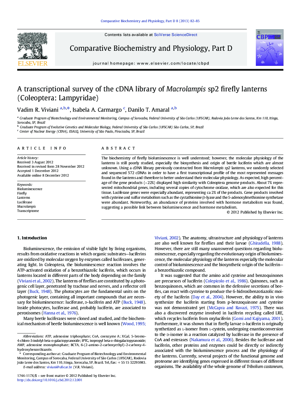 A transcriptional survey of the cDNA library of Macrolampis sp2 firefly lanterns (Coleoptera: Lampyridae)