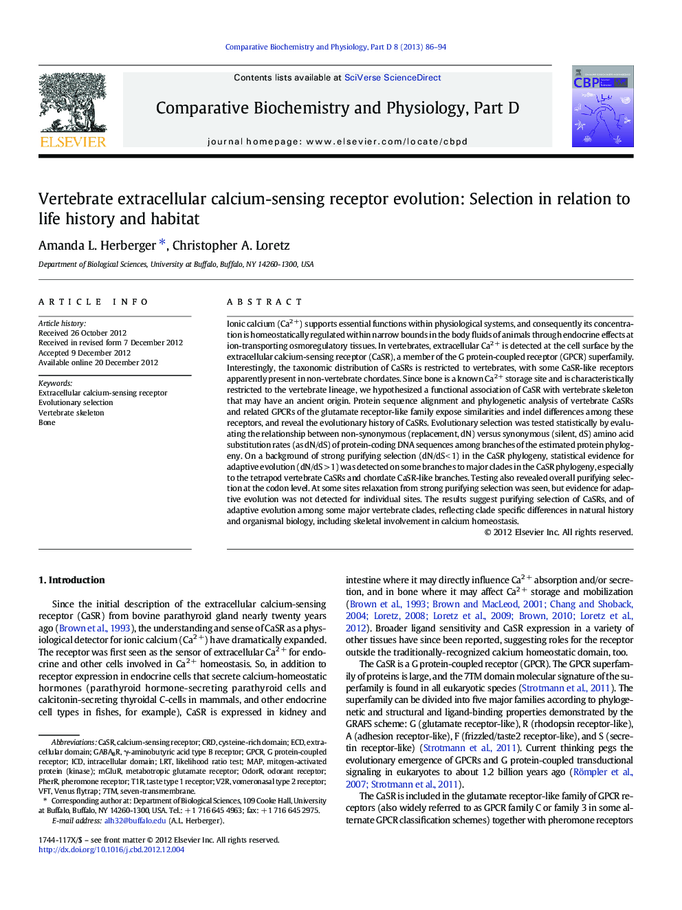 Vertebrate extracellular calcium-sensing receptor evolution: Selection in relation to life history and habitat