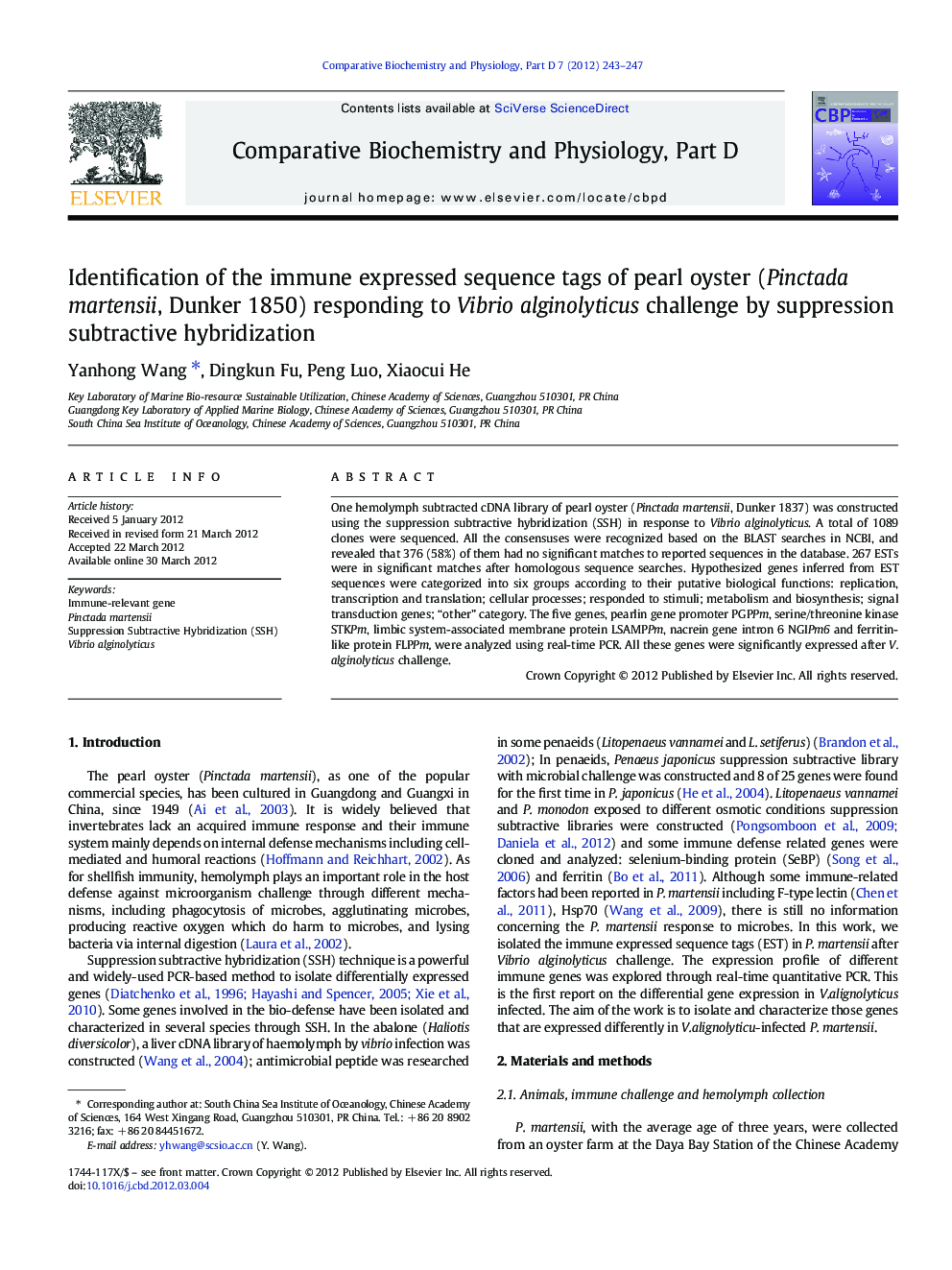 Identification of the immune expressed sequence tags of pearl oyster (Pinctada martensii, Dunker 1850) responding to Vibrio alginolyticus challenge by suppression subtractive hybridization