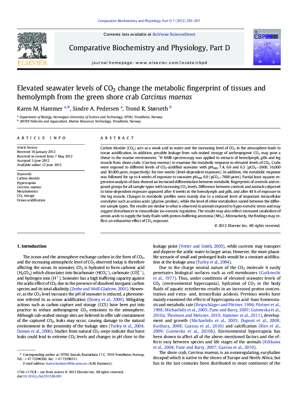 Elevated seawater levels of CO2 change the metabolic fingerprint of tissues and hemolymph from the green shore crab Carcinus maenas