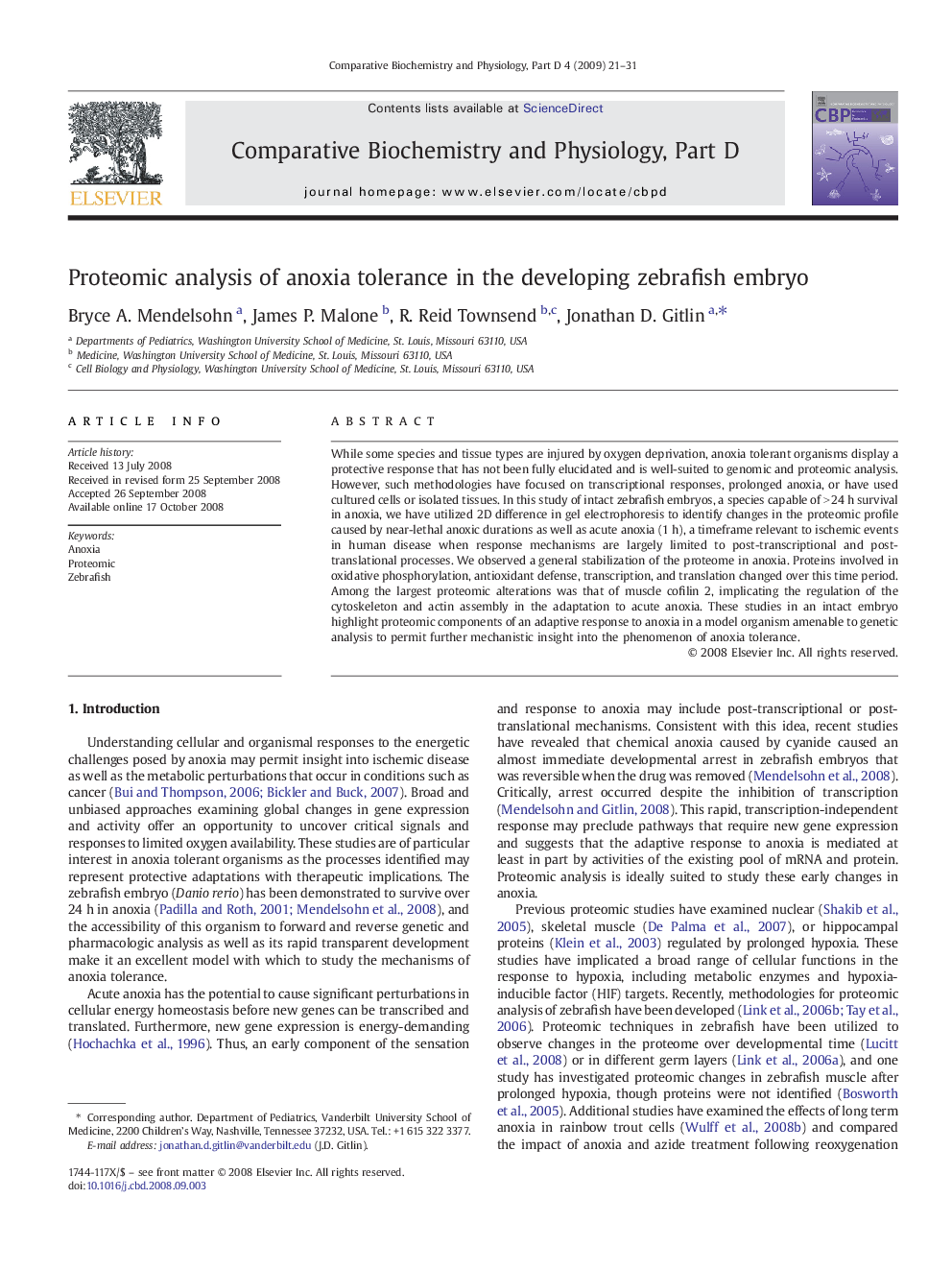 Proteomic analysis of anoxia tolerance in the developing zebrafish embryo