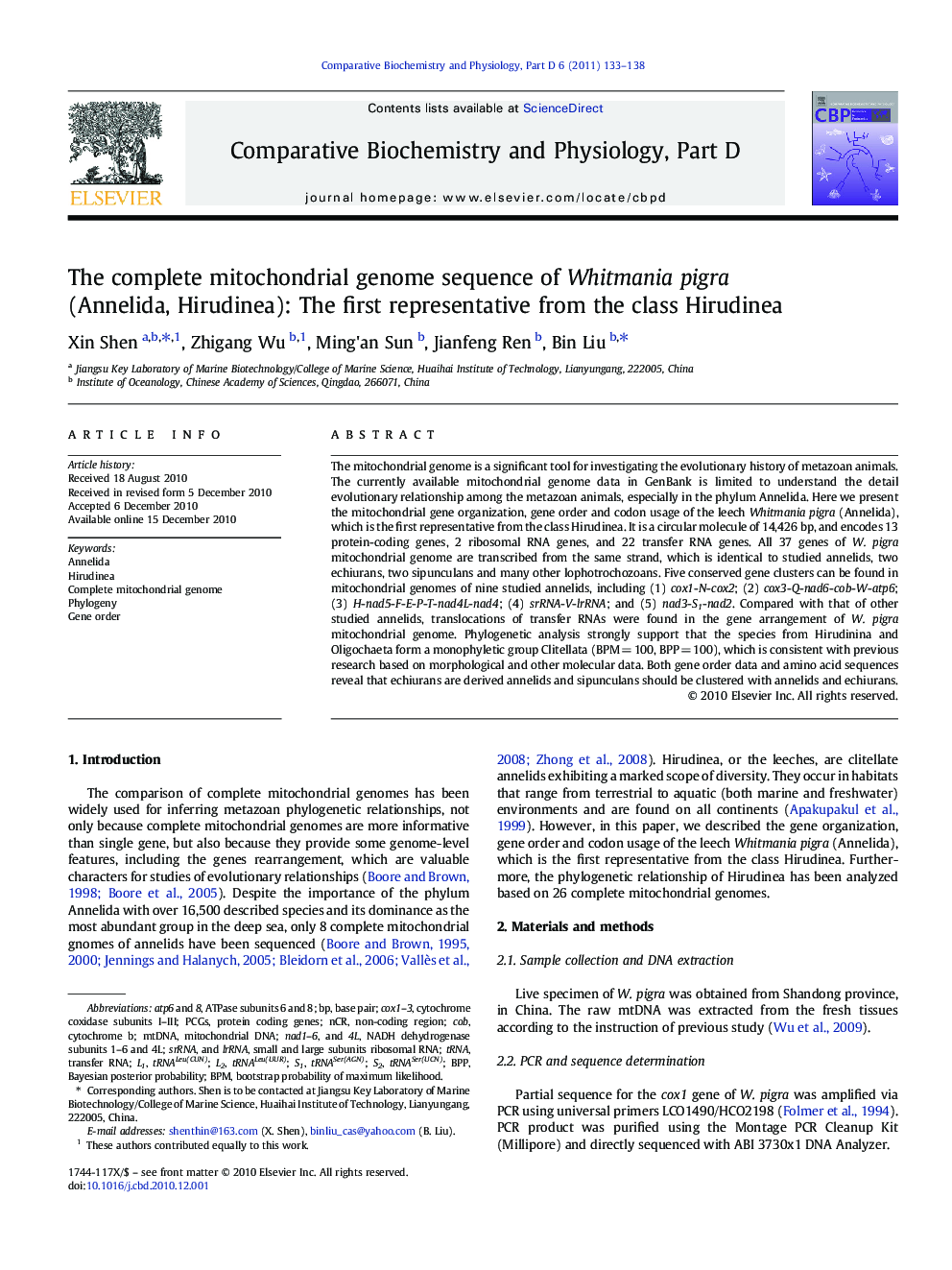 The complete mitochondrial genome sequence of Whitmania pigra (Annelida, Hirudinea): The first representative from the class Hirudinea