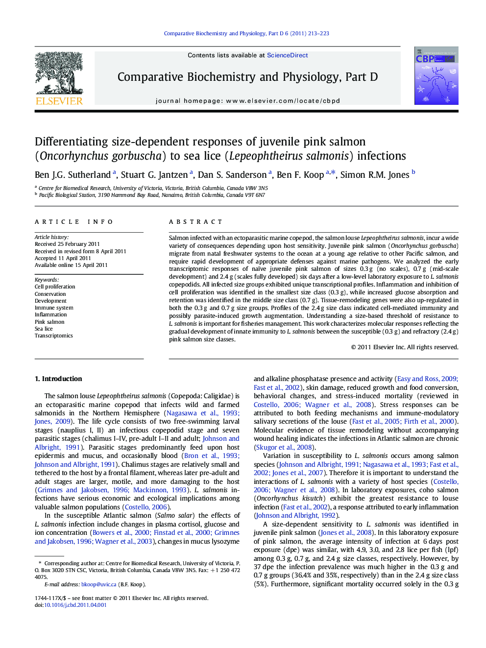 Differentiating size-dependent responses of juvenile pink salmon (Oncorhynchus gorbuscha) to sea lice (Lepeophtheirus salmonis) infections