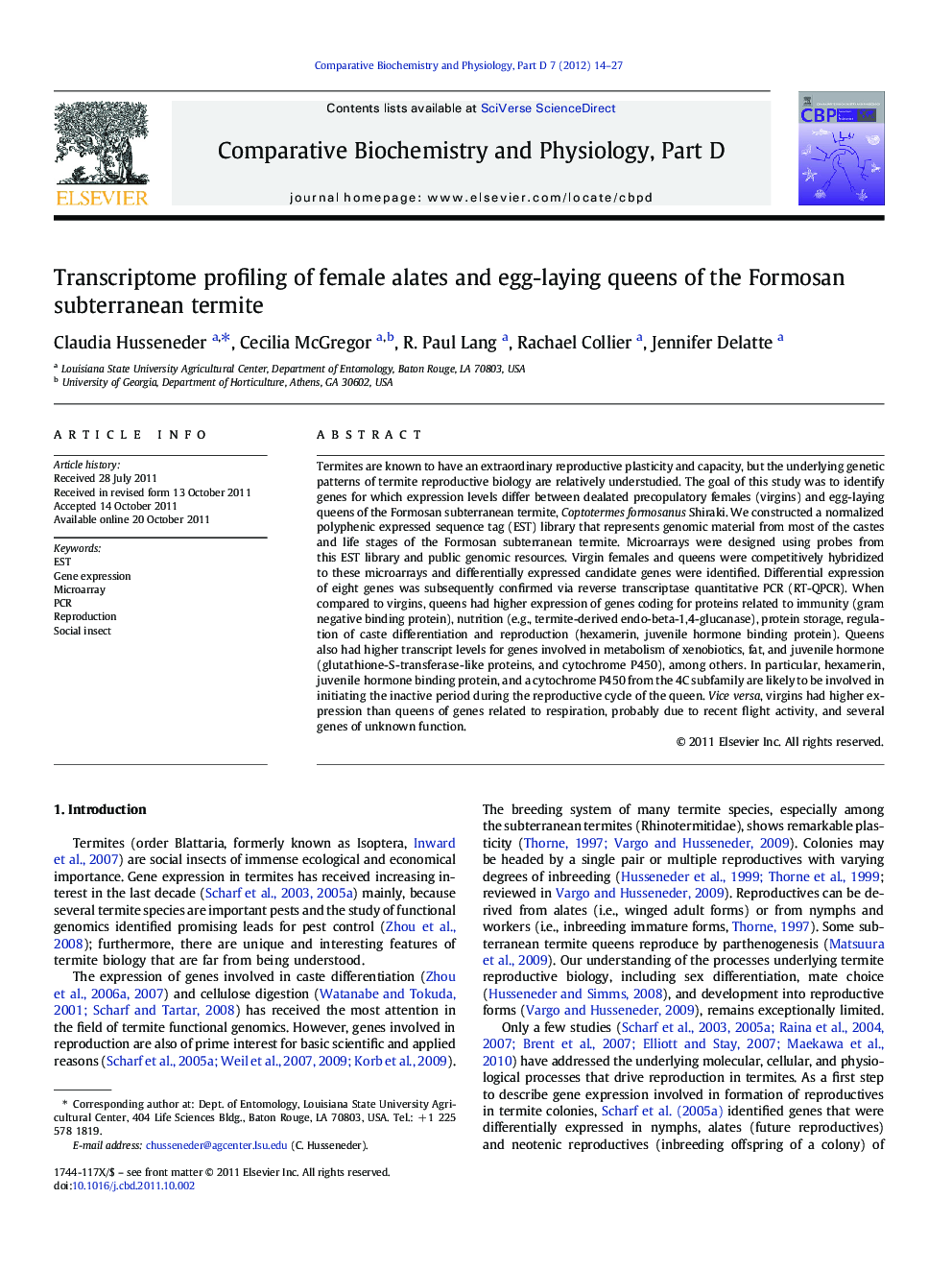 Transcriptome profiling of female alates and egg-laying queens of the Formosan subterranean termite