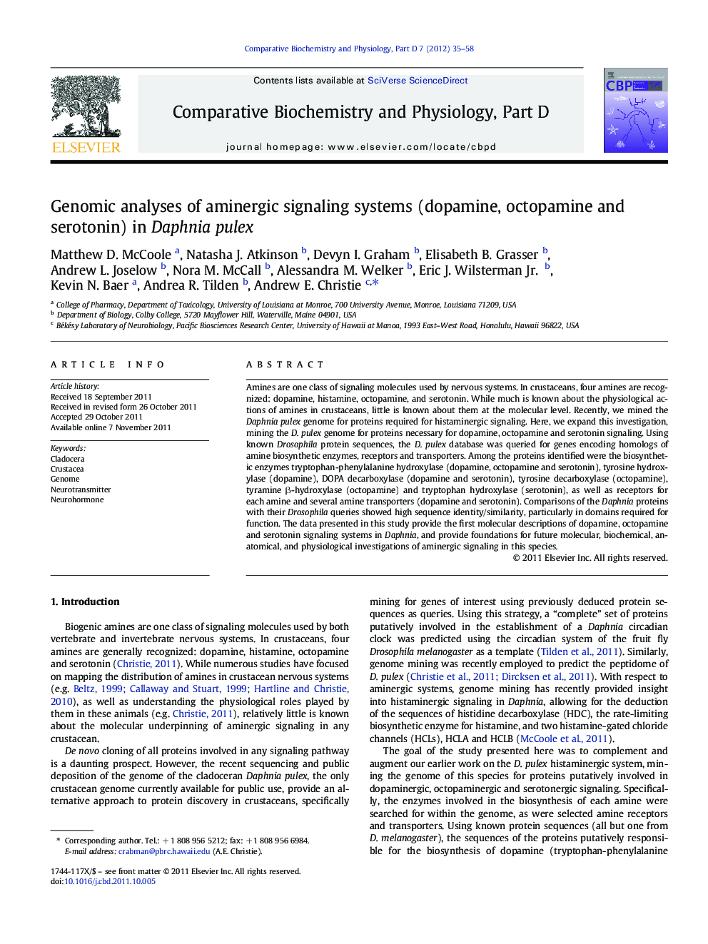 Genomic analyses of aminergic signaling systems (dopamine, octopamine and serotonin) in Daphnia pulex