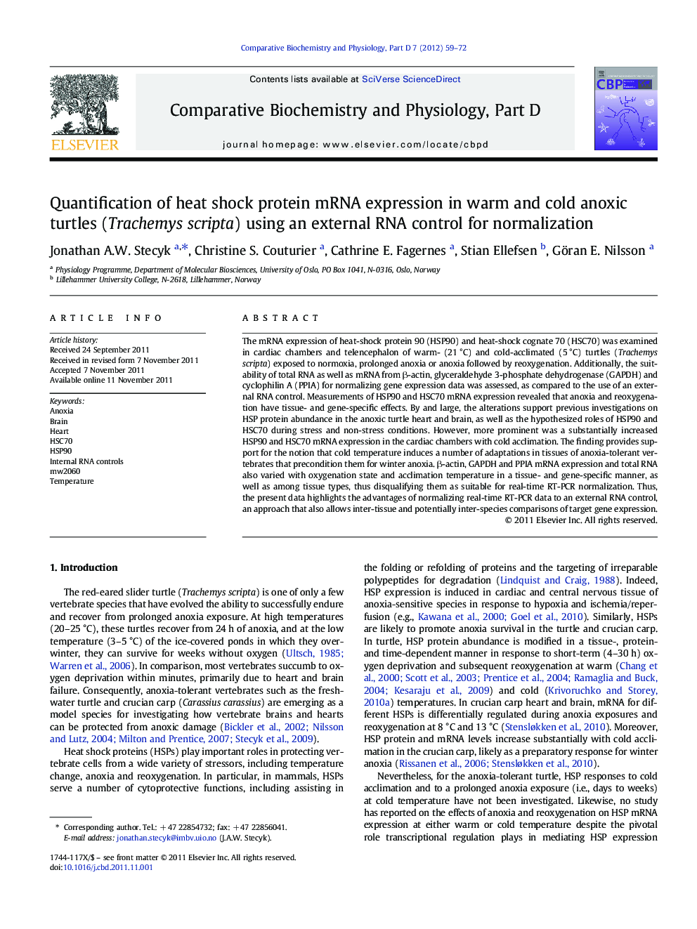 Quantification of heat shock protein mRNA expression in warm and cold anoxic turtles (Trachemys scripta) using an external RNA control for normalization