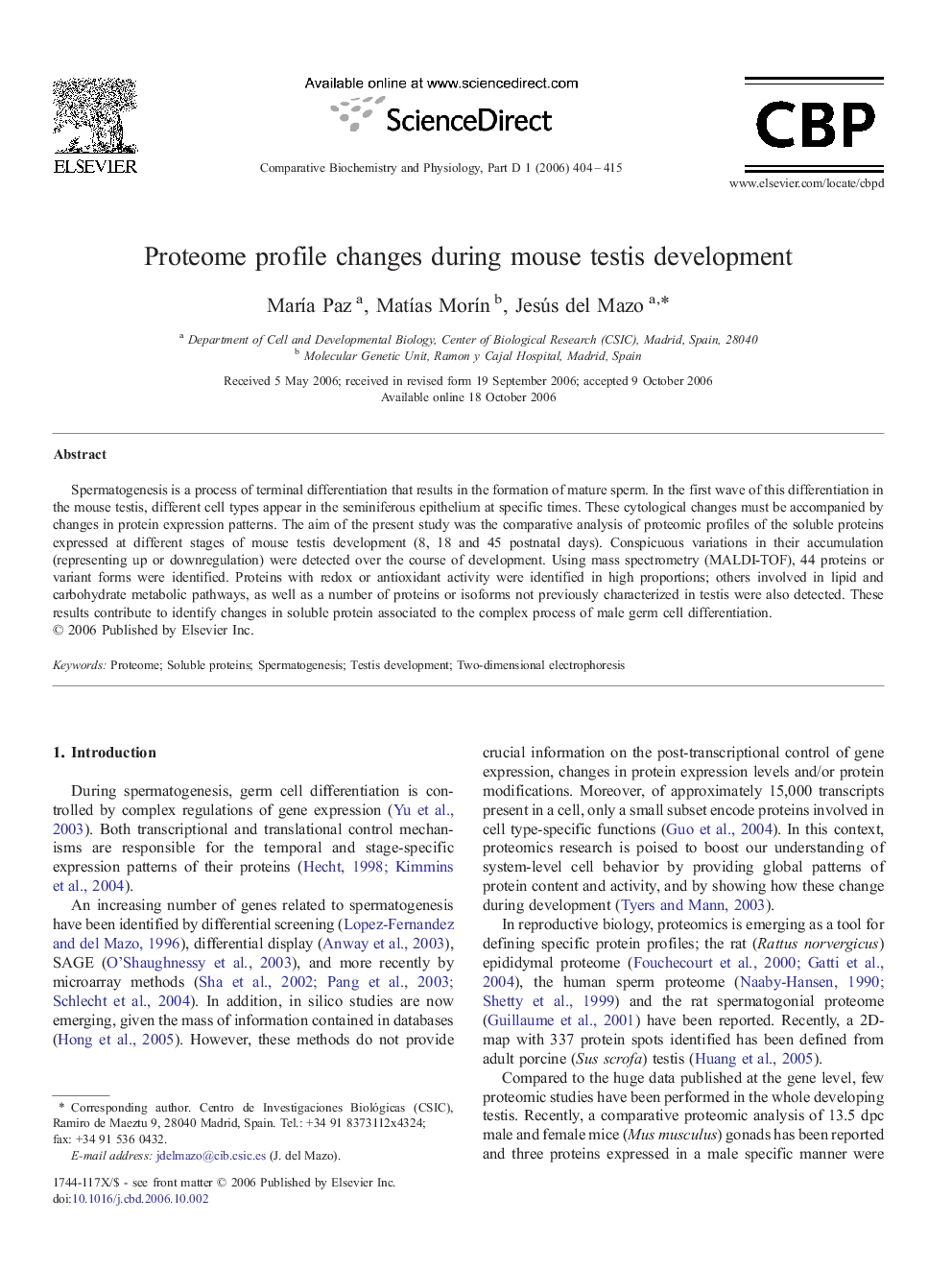 Proteome profile changes during mouse testis development