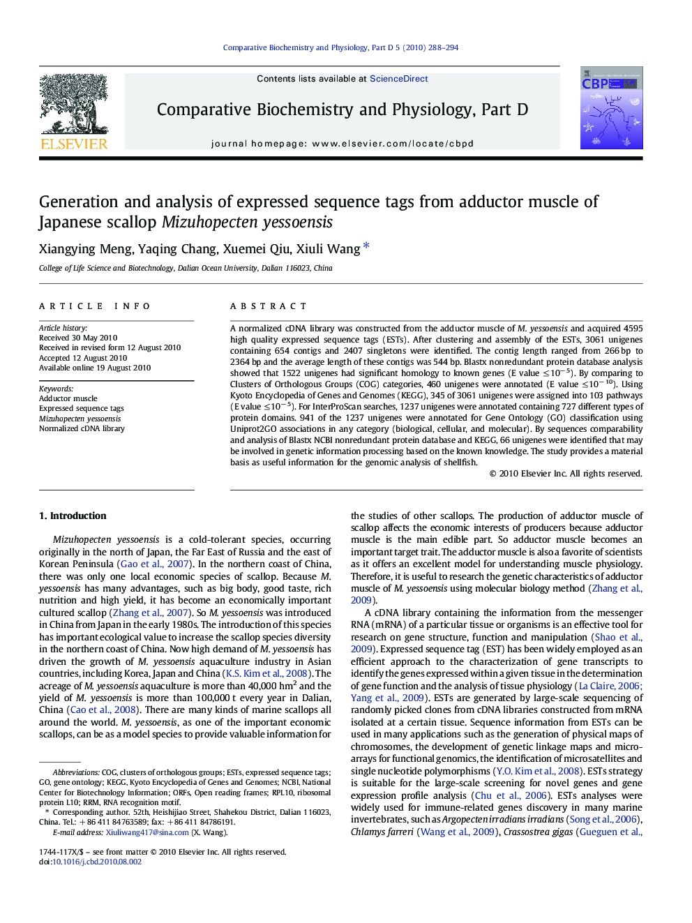 Generation and analysis of expressed sequence tags from adductor muscle of Japanese scallop Mizuhopecten yessoensis