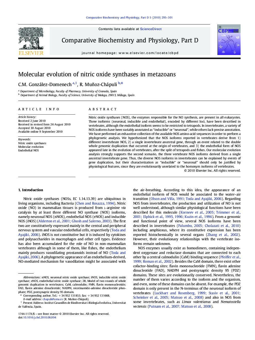 Molecular evolution of nitric oxide synthases in metazoans