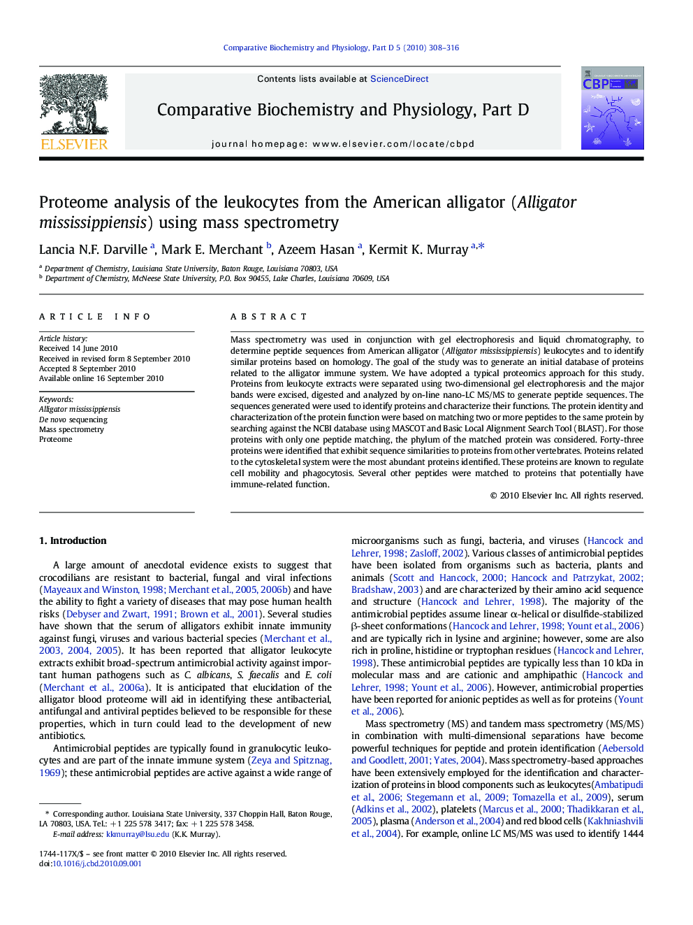 Proteome analysis of the leukocytes from the American alligator (Alligator mississippiensis) using mass spectrometry